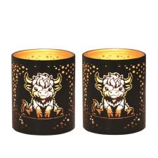 Aroma Black &amp; Gold Highland Cow 2 Tealight &amp; Votive Holder Set