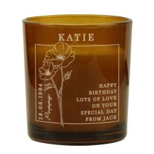 Personalised August Poppy Birth Flower Amber Glass Jar Candle
