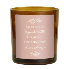 Personalised Pink Label Amber Glass Jar Candle