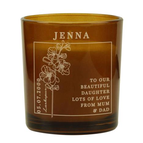 Personalised July Larkspur Birth Flower Amber Glass Jar Candle  £8.99