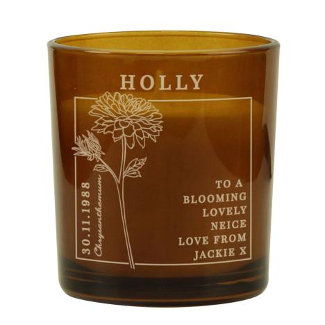 Personalised November Chrysanthemum Birth Flower Amber Glass Jar Candle  £8.99