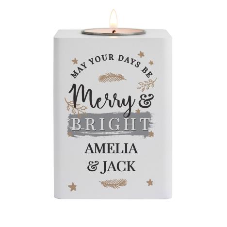 Personalised Merry & Bright White Wooden Tea Light Holder  £13.49